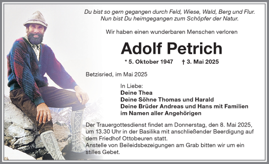 Traueranzeige von Adolf Petrich von Memminger Zeitung