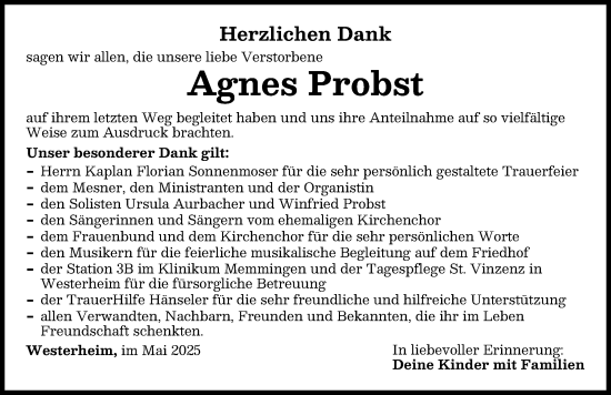 Traueranzeige von Agnes Probst von Memminger Zeitung