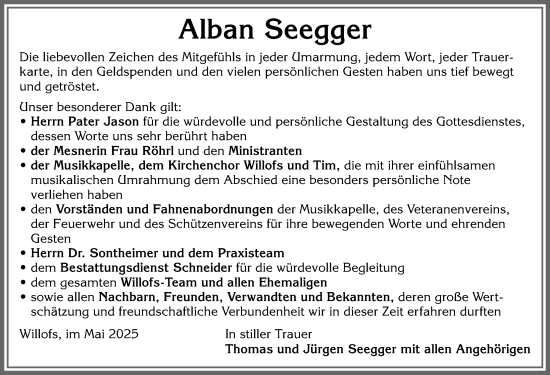 Traueranzeige von Alban Seegger von Allgäuer Zeitung, Marktoberdorf