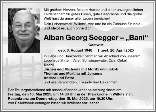 Traueranzeige von Alban Georg Seegger von Allgäuer Zeitung, Gesamtausgabe
