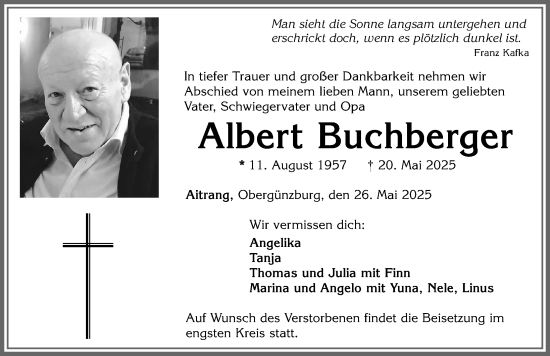Traueranzeige von Albert Buchberger von Allgäuer Zeitung, Marktoberdorf