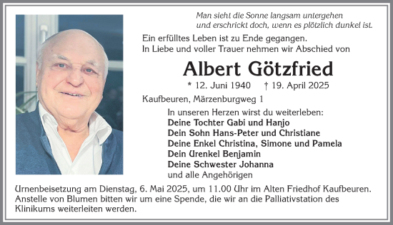 Traueranzeige von Albert Götzfried von Allgäuer Zeitung, Kaufbeuren/Buchloe