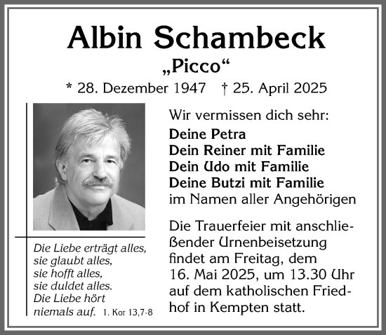 Traueranzeige von Albin Schambeck von Allgäuer Zeitung,Kempten