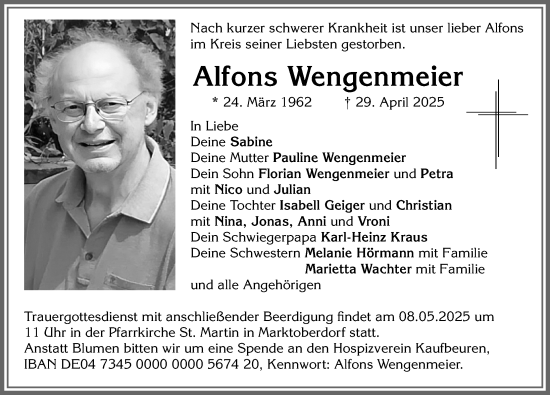Traueranzeige von Alfons Wengenmeier von Allgäuer Zeitung, Marktoberdorf