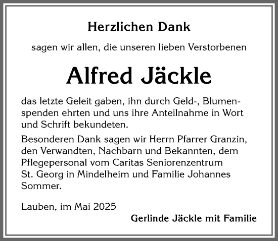 Traueranzeige von Alfred Jäckle von Memminger Zeitung