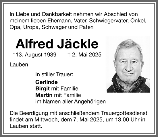 Traueranzeige von Alfred Jäckle von Memminger Zeitung