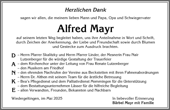 Traueranzeige von Alfred Mayr von Mindelheimer Zeitung, Augsburger Allgemeine