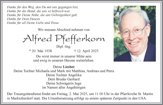 Traueranzeige von Alfred Pfefferkorn von Allgäuer Zeitung, Marktoberdorf