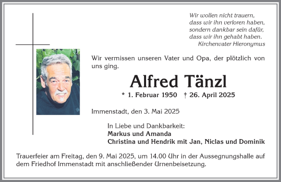 Traueranzeige von Alfred Tänzl von Allgäuer Anzeigeblatt
