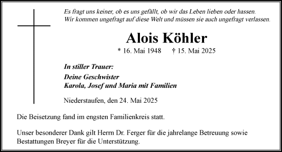 Traueranzeige von Alois Köhler von Der Westallgäuer