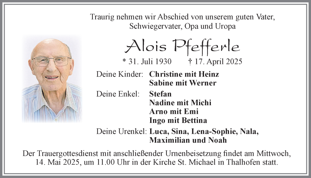  Traueranzeige für Alois Pfefferle vom 10.05.2025 aus Allgäuer Zeitung, Marktoberdorf