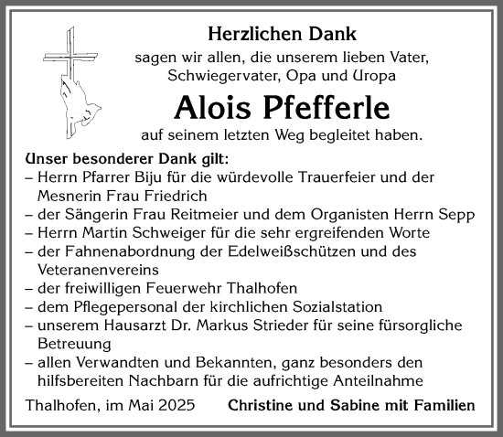 Traueranzeige von Alois Pfefferle von Allgäuer Zeitung, Marktoberdorf