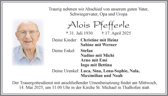 Traueranzeige von Alois Pfefferle von Allgäuer Zeitung, Marktoberdorf