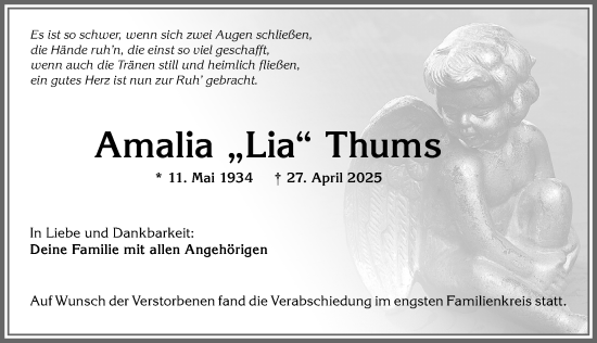 Traueranzeige von Amalia Thums von Allgäuer Zeitung, Kaufbeuren/Buchloe
