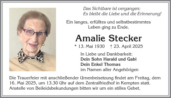 Traueranzeige von Amalie Stecker von Allgäuer Zeitung,Kempten