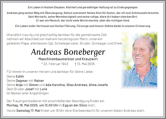 Traueranzeige von Andreas Boneberger von Memminger Zeitung