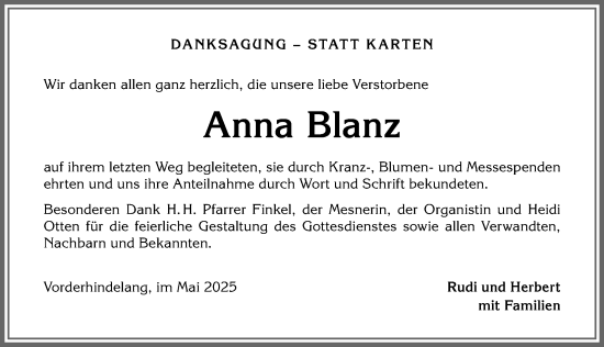Traueranzeige von Anna Blanz von Allgäuer Anzeigeblatt