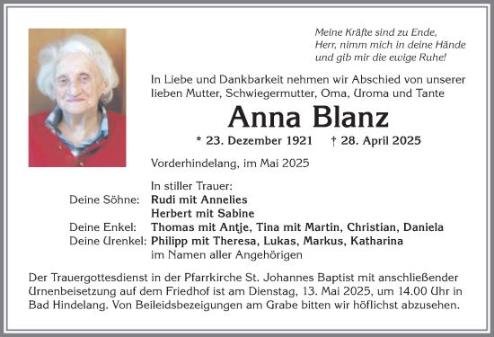 Traueranzeige von Anna Blanz von Allgäuer Anzeigeblatt