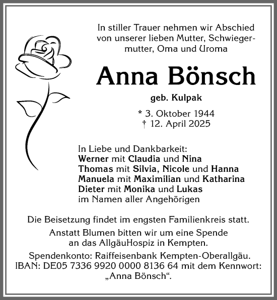 Traueranzeige von Anna Bönsch von Allgäuer Zeitung, Kaufbeuren/Buchloe