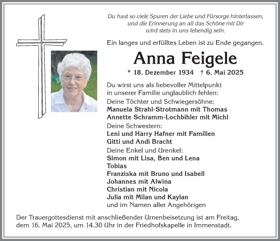 Traueranzeige von Anna Feigele von Allgäuer Anzeigeblatt