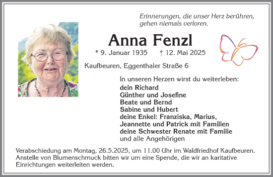Traueranzeige von Anna Fenzl von Allgäuer Zeitung, Kaufbeuren/Buchloe