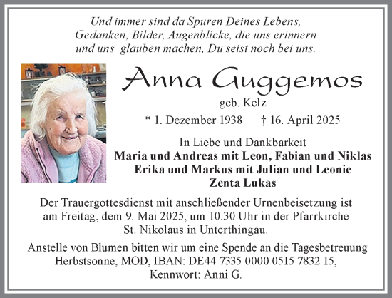Traueranzeige von Anna Guggemos von Allgäuer Zeitung, Marktoberdorf