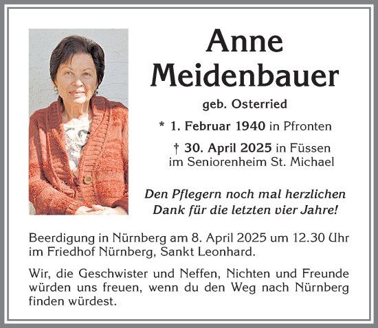 Traueranzeige von Anne Meidenbauer von Allgäuer Zeitung, Füssen