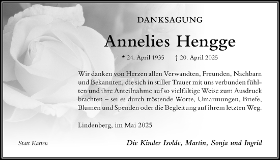 Traueranzeige von Annelies Hengge von Der Westallgäuer