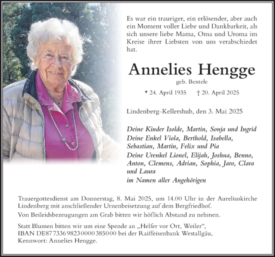 Traueranzeige von Annelies Hengge von Der Westallgäuer