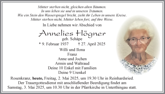 Traueranzeige von Annelies Högner von Allgäuer Zeitung, Marktoberdorf
