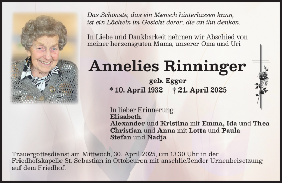 Traueranzeige von Annelies Rinninger von Memminger Zeitung