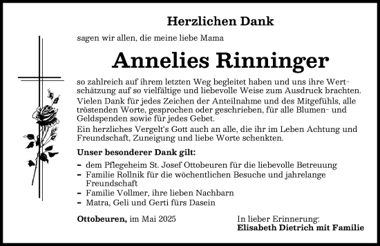 Traueranzeige von Annelies Rinninger von Memminger Zeitung
