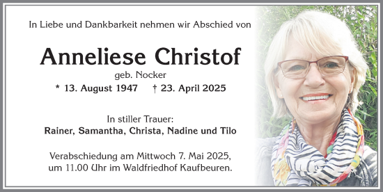 Traueranzeige von Anneliese Christof von Allgäuer Zeitung, Kaufbeuren/Buchloe