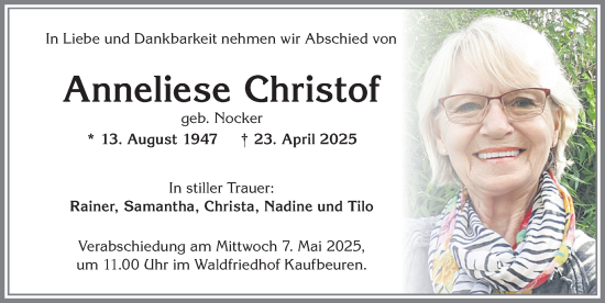 Traueranzeige von Anneliese Christof von Allgäuer Zeitung, Kaufbeuren/Buchloe