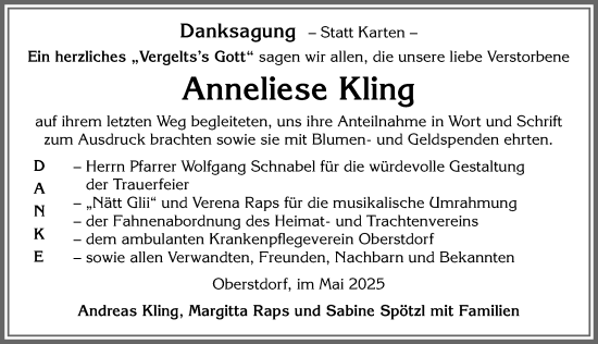 Traueranzeige von Anneliese Kling von Allgäuer Anzeigeblatt