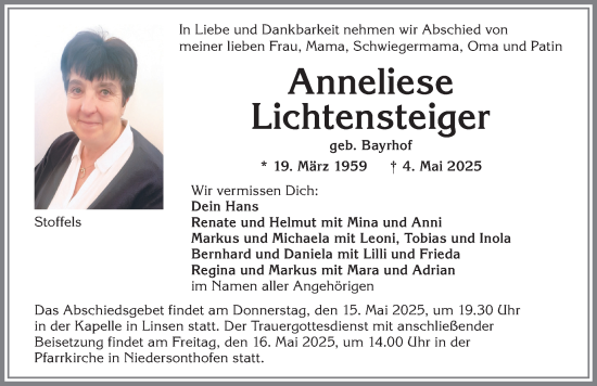 Traueranzeige von Anneliese Lichtensteiger von Allgäuer Anzeigeblatt