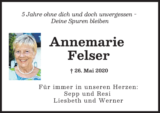 Traueranzeige von Annemarie Felser von Allgäuer Zeitung, Kaufbeuren/Buchloe