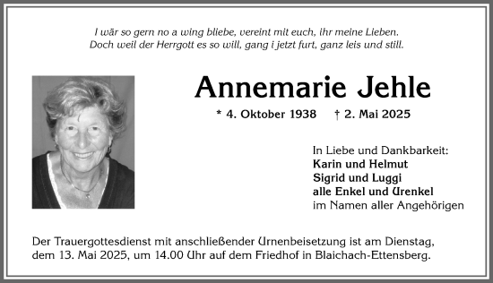 Traueranzeige von Annemarie Jehle von Allgäuer Anzeigeblatt