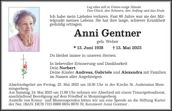 Traueranzeige von Anni Gentner von Memminger Zeitung