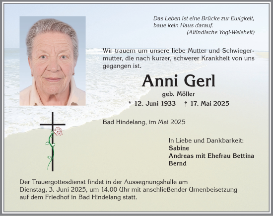 Traueranzeige von Anni Gerl von Allgäuer Anzeigeblatt