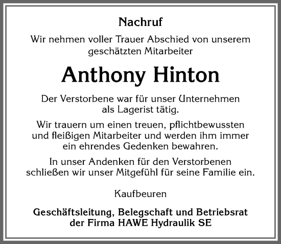 Traueranzeige von Anthony Hinton von Allgäuer Zeitung, Kaufbeuren/Buchloe