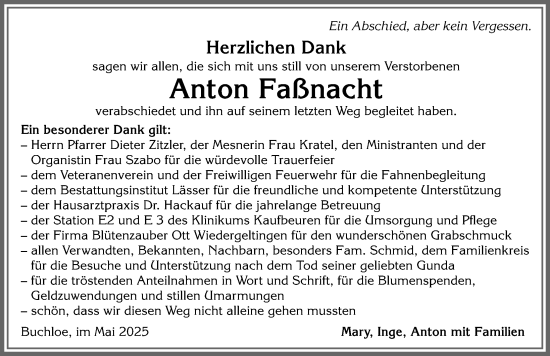 Traueranzeige von Anton Faßnacht von Allgäuer Zeitung, Kaufbeuren/Buchloe