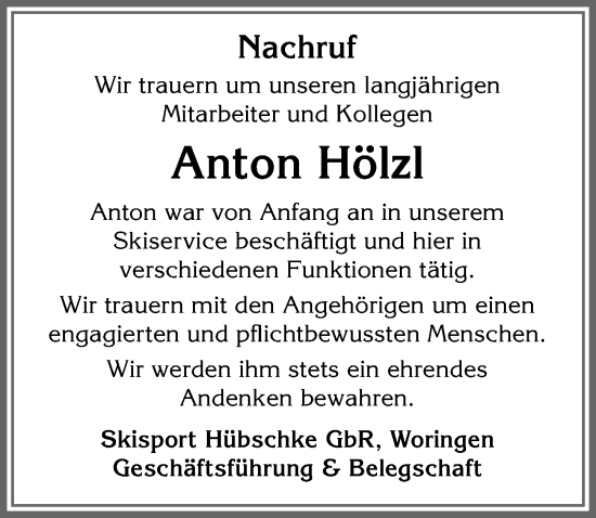 Traueranzeige von Anton Hölzl von Memminger Zeitung