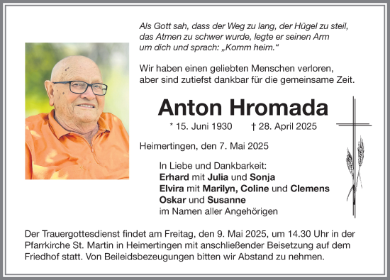 Traueranzeige von Anton Hromada von Memminger Zeitung
