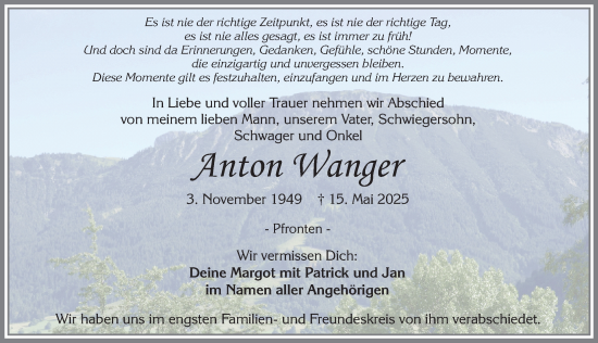 Traueranzeige von Anton Wagner von Allgäuer Zeitung, Füssen