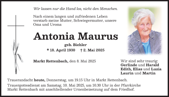 Traueranzeige von Antonia Maurus von Memminger Zeitung