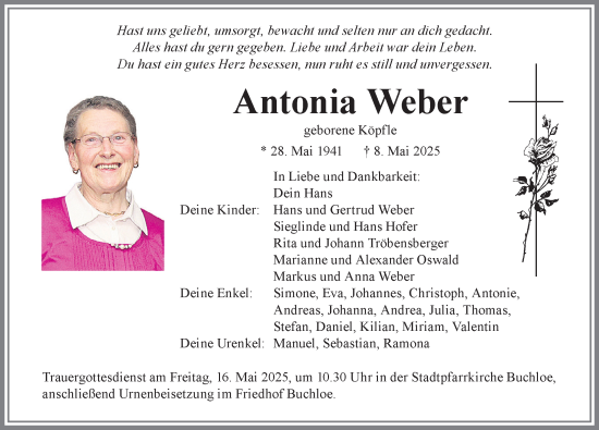 Traueranzeige von Antonia Weber von Allgäuer Zeitung, Kaufbeuren/Buchloe