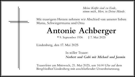 Traueranzeige von Antonie Achberger von Der Westallgäuer