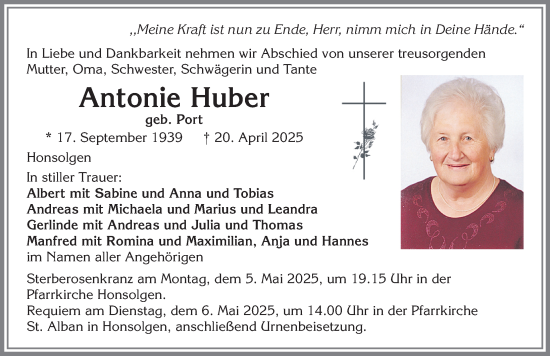 Traueranzeige von Antonie Huber von Allgäuer Zeitung, Kaufbeuren/Buchloe