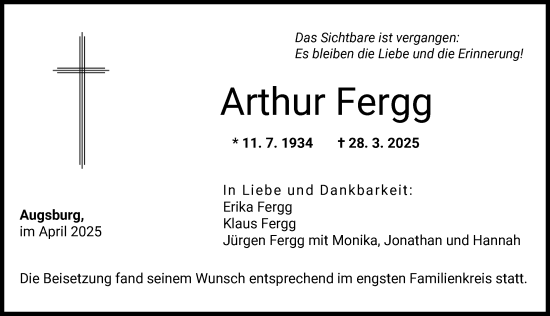 Traueranzeige von Arthur Fergg von Augsburger Allgemeine